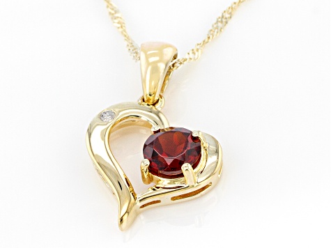 Pre-Owned Round Garnet With Round White Diamond 10k Yellow Gold Heart Pendant With Chain 0.56ctw
