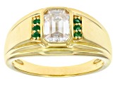 Pre-Owned Moissanite and emerald 14k yellow gold over silver mens ring 1.75ct DEW