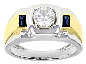 Picture of Pre-Owned Moissanite And Blue Sapphire Platineve And 14k Yellow Gold Over Platineve Men's Ring 1.00c