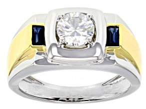 Pre-Owned Moissanite And Blue Sapphire Platineve And 14k Yellow Gold Over Platineve Men's Ring 1.00c