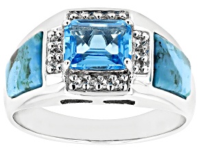 Pre-Owned Swiss Blue Topaz with Turquoise & White Topaz Rhodium Over Silver Men's Ring 1.53ctw