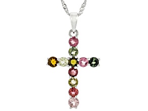Pre-Owned Multi-Tourmaline Rhodium Over Sterling Silver Cross Pendant With Chain 1.40ctw