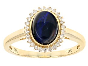 Pre-Owned Black Australian Lightning Ridge Opal With White Diamond 10k Yellow Gold Ring 0.10ctw
