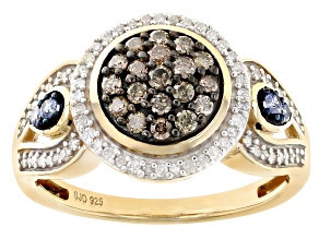 Pre-Owned Champagne And White Diamond With Tanzanite 14k Yellow Gold Over Sterling Silver Ring 0.50c