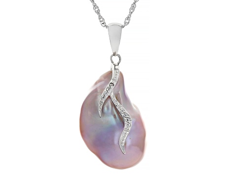 Pre-Owned Cultured Freshwater Pearl With White Topaz Rhodium Over Ster Silver Pendant With Chain