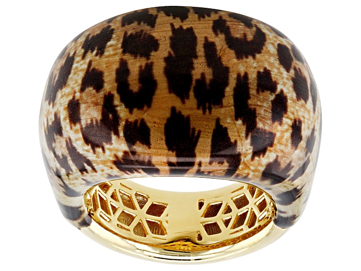 Pre-Owned 18k Yellow Gold Over Bronze Leopard Print Enamel Ring