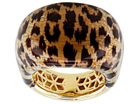 Pre-Owned 18k Yellow Gold Over Bronze Leopard Print Enamel Ring