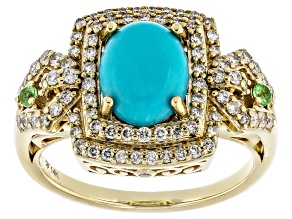 Pre-Owned Turquoise With Tsavorite And White Diamond 14k Yellow Gold Halo Ring 0.60ctw