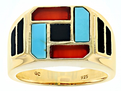 Pre-Owned Black Onyx, Blue Turquoise & Carnelian Inlay 18k Yellow Gold Over Sterling Silver Men's Ri