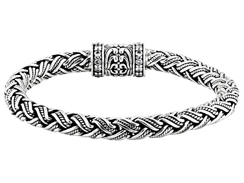 Pre-Owned Sterling Silver & White Zircon Accents Woven Chain Bracelet 0.72ctw