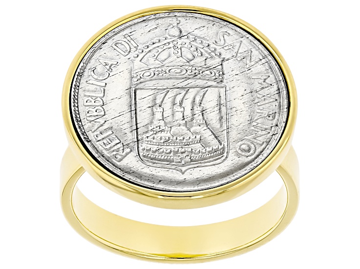 Pre-Owned 18k Yellow Gold Over Sterling Silver Genuine San Marino 50 Lira Coin Ring
