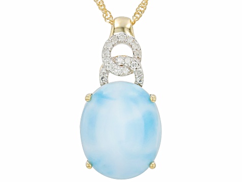 Pre-Owned Larimar With White Diamond 10k Yellow Gold Pendant With Chain 0.07ctw