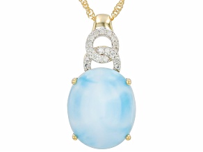 Pre-Owned Larimar With White Diamond 10k Yellow Gold Pendant With Chain 0.07ctw