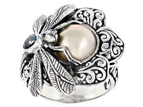 Pre-Owned 9-9.5mm White Cultured Mabe Pearl & Swiss Blue Topaz Sterling Silver Dragonfly Ring 0.25ct