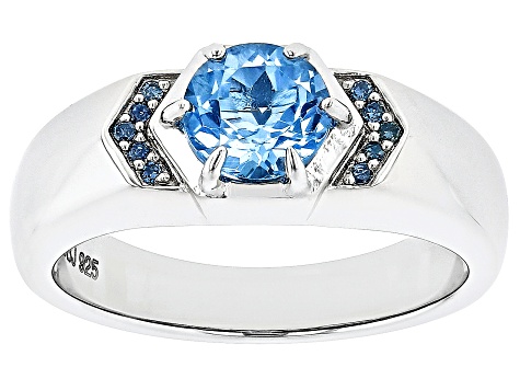 Pre-Owned Swiss Blue Topaz With Blue Diamond Accent Rhodium Over Sterling Silver Unisex Ring 1.42ctw
