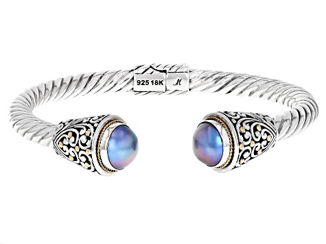 Pre-Owned 9.5-10.5mm Cultured Blue Mabe Pearl Sterling Silver & 18K Gold Accent Bracelet