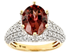 Pre-Owned Red Zircon With White Diamond 14k Yellow Gold Center Design Ring 5.40ctw