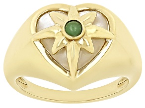 Pre-Owned Mother-of-Pearl and Green Quartzite 18k Yellow Gold Over Sterling Silver Heart Ring