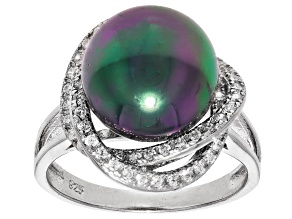 Pre-Owned Pearlfection® Peacock Simulant & White Cubic Zirconia Rhodium Over Sterling Silver Ring