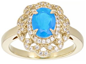 Pre-Owned Paraiba Blue Opal With White Zircon 18k Yellow Gold Over Sterling Silver Ring 0.95ctw