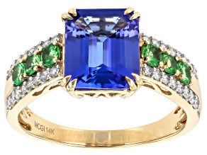 Pre-Owned Blue Tanzanite With Tsavorite With White Diamond 14k Yellow Gold Ring 3.70ctw