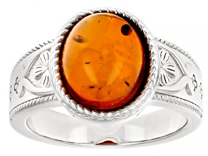 Pre-Owned Orange Amber Rhodium Over Sterling Silver Solitaire Ring