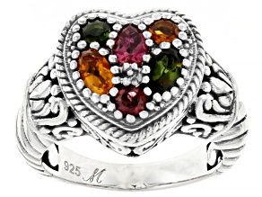 Pre-Owned Multi-Color Mixed-Shaped Tourmaline Sterling Silver Heart Ring 1.16ctw