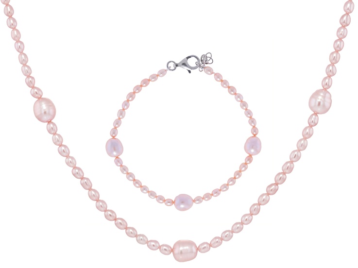 Pre-Owned Peach Cultured Freshwater Pearl Rhodium Over Silver 20 Inch Strand Necklace And Bracelet S