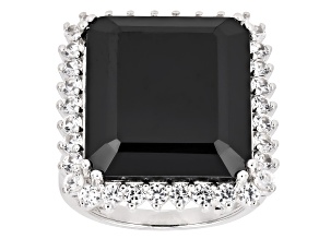 Pre-Owned Black Spinel with White Lab Created Sapphire Rhodium Over Sterling Silver Ring 16.34ctw