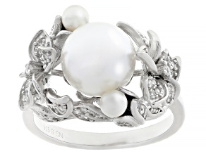Pre-Owned Pearlfection® Akoya Simulant & Cubic Zirconia Rhodium Over Sterling Silver Ring