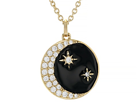 Pre-Owned White Cubic Zirconia 18k Yellow Gold Over Sterling Silver And Black Enamel Celestial Penda