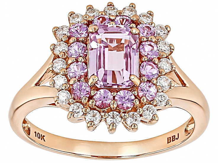 Pre-Owned Kunzite With Pink Sapphire With White Moissanite 10k Rose Gold Ring 1.73ctw