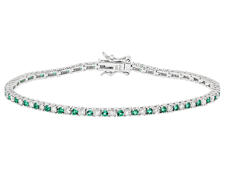 Pre-Owned Lab Created Emerald And Lab-Grown Diamond Rhodium Over Sterling Silver Tennis Bracelet 2.7