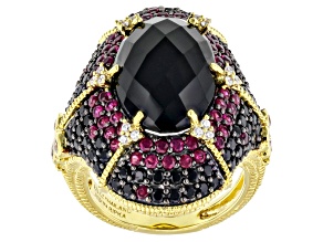 Pre-Owned Judith Ripka Black Onyx, Black Spinel, Ruby & Cubic Zirconia 14k Gold Clad Super Monaco Ri