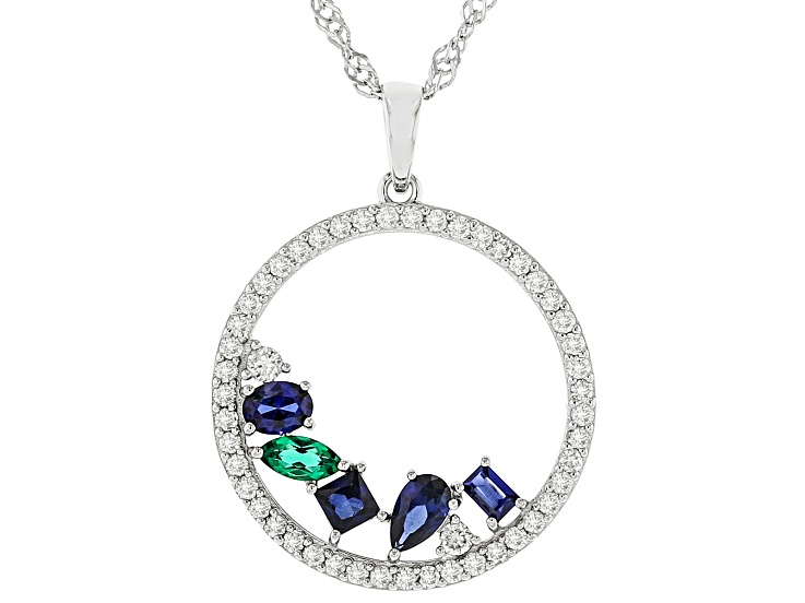 Pre-Owned Lab Sapphire, Lab Emerald And Lab-Grown Diamond Rhodium Over Silver Pendant With Chain 1.2