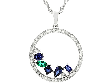 Pre-Owned Lab Sapphire, Lab Emerald And Lab-Grown Diamond Rhodium Over Silver Pendant With Chain 1.2