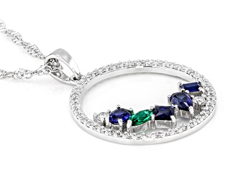 Pre-Owned Lab Sapphire, Lab Emerald And Lab-Grown Diamond Rhodium Over Silver Pendant With Chain 1.2