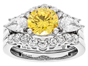 Pre-Owned Canary And White Cubic Zirconia Rhodium Over Silver Ring Set 7.05ctw