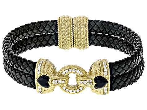 Pre-Owned Judith Ripka Onyx, Spinel & Cubic Zirconia Black Faux Leather & 14k Gold Clad Romance Brac