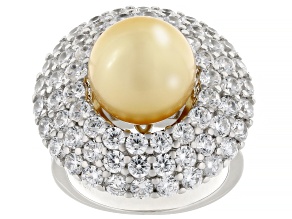 Pre-Owned Pearlfection® Golden South Sea Simulant And Cubic Zirconia Rhodium Over Sterling Silver Ri
