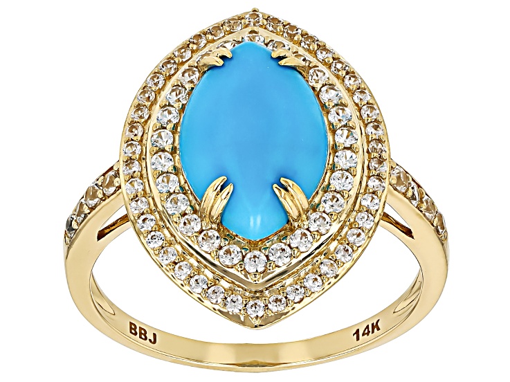 Pre-Owned Blue Sleeping Beauty Turquoise With White Zircon 14k Yellow Gold Ring 0.67ctw