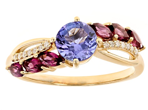 Pre-Owned Blue Tanzanite, Grape Color Garnet And White Diamond 14k Yellow Gold Ring 1.37ctw
