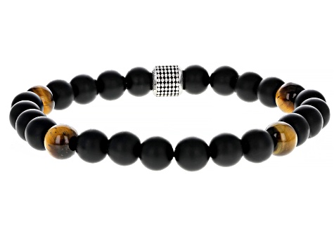 Pre-Owned Brown Tigers Eye With Black Onyx Sterling Silver Stretch Beaded Bracelet
