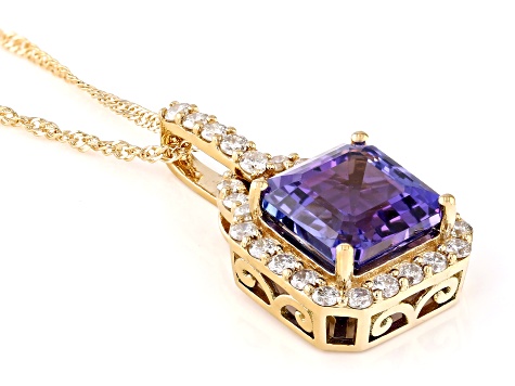 Pre-Owned Blue Tanzanite With White Diamond 18k Yellow Gold Pendant With Chain 2.67ctw