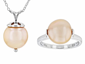 Pre-Owned Peach Cultured Freshwater Pearl Rhodium Over Sterling Silver Ring and Pendant Set
