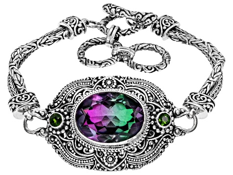 Pre-Owned Watermelon Quartz Triplet & Chrome Diopside Sterling Silver Bracelet 15.98ctw