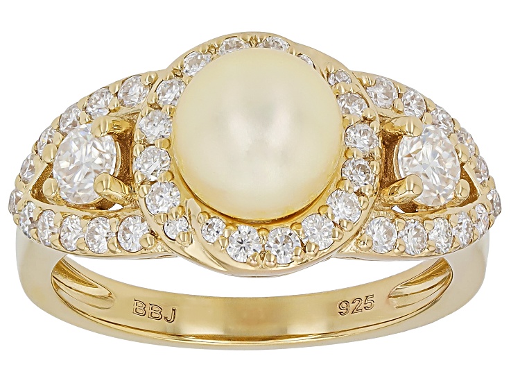 Pre-Owned White Cultured Japanese Akoya Pearl With Moissanite 18k Yellow Gold Over Sterling Silver R