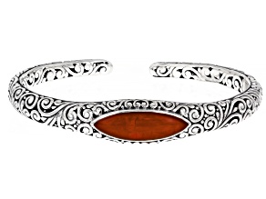 Pre-Owned 23x8mm Red Coral Marquise Sterling Silver Cuff Bracelet