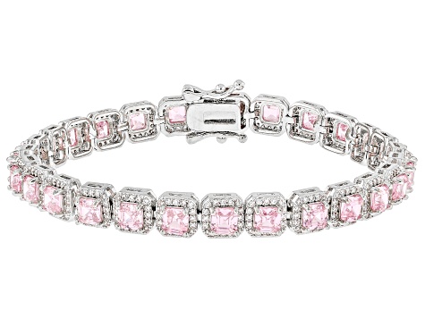 Pre-Owned Pink And White Cubic Zirconia Rhodium Over Brass Asscher Cut Tennis Bracelet 23.43ctw