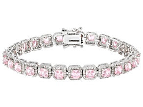 Pre-Owned Pink And White Cubic Zirconia Rhodium Over Brass Asscher Cut Tennis Bracelet 23.43ctw